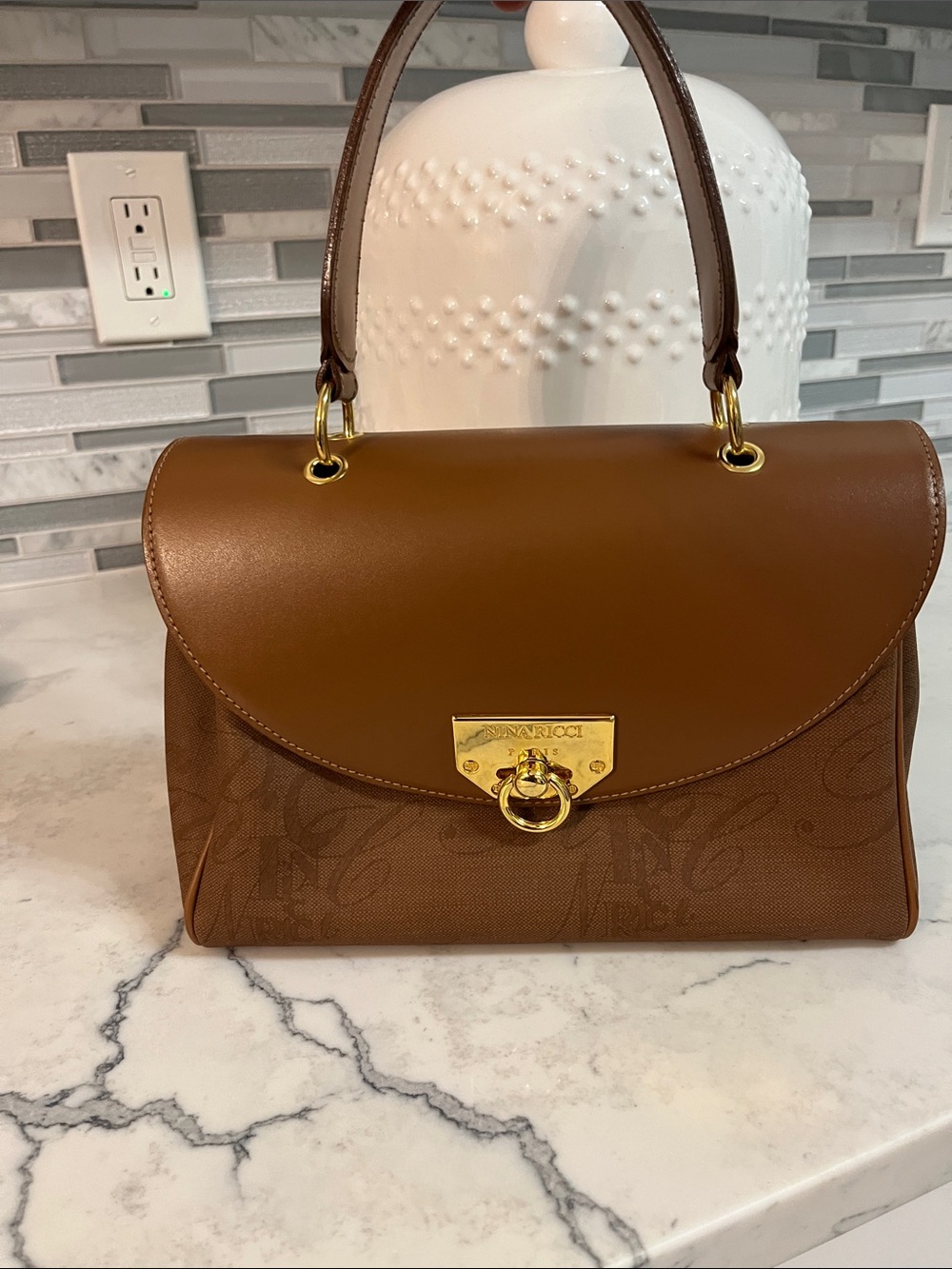 Nina Ricci Cognac Brown Top-Handle Satchel with Gold Hardware